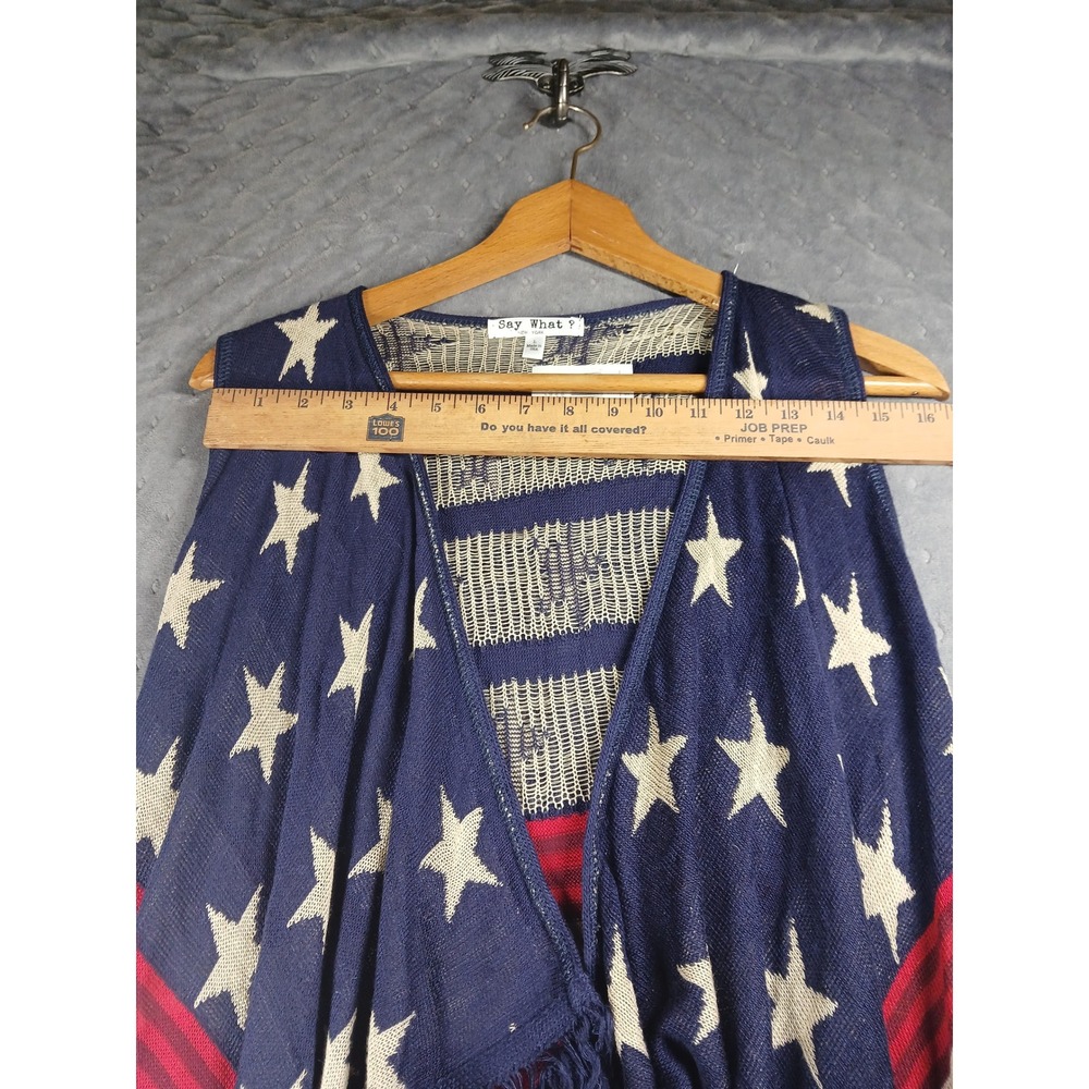Say What Womens American Flag Knit Fringe Vest Red White Blue Stars Stripes L - Picture 3 of 6